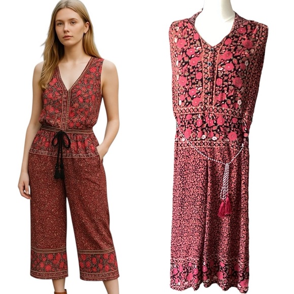 Free People Floral Print Jumpsuit Open Back Sleeveless Crop Wide Leg Boho Size L - Picture 1 of 16